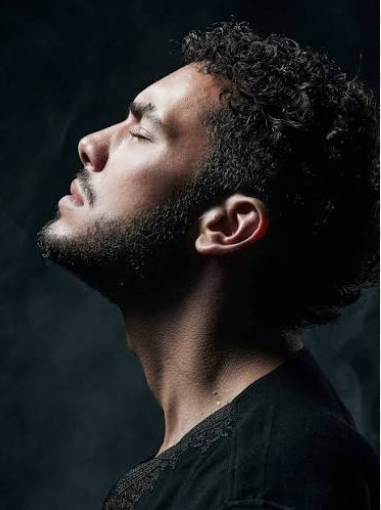 Dramatic profile portrait photography reference photo of a man with curly hair and beard